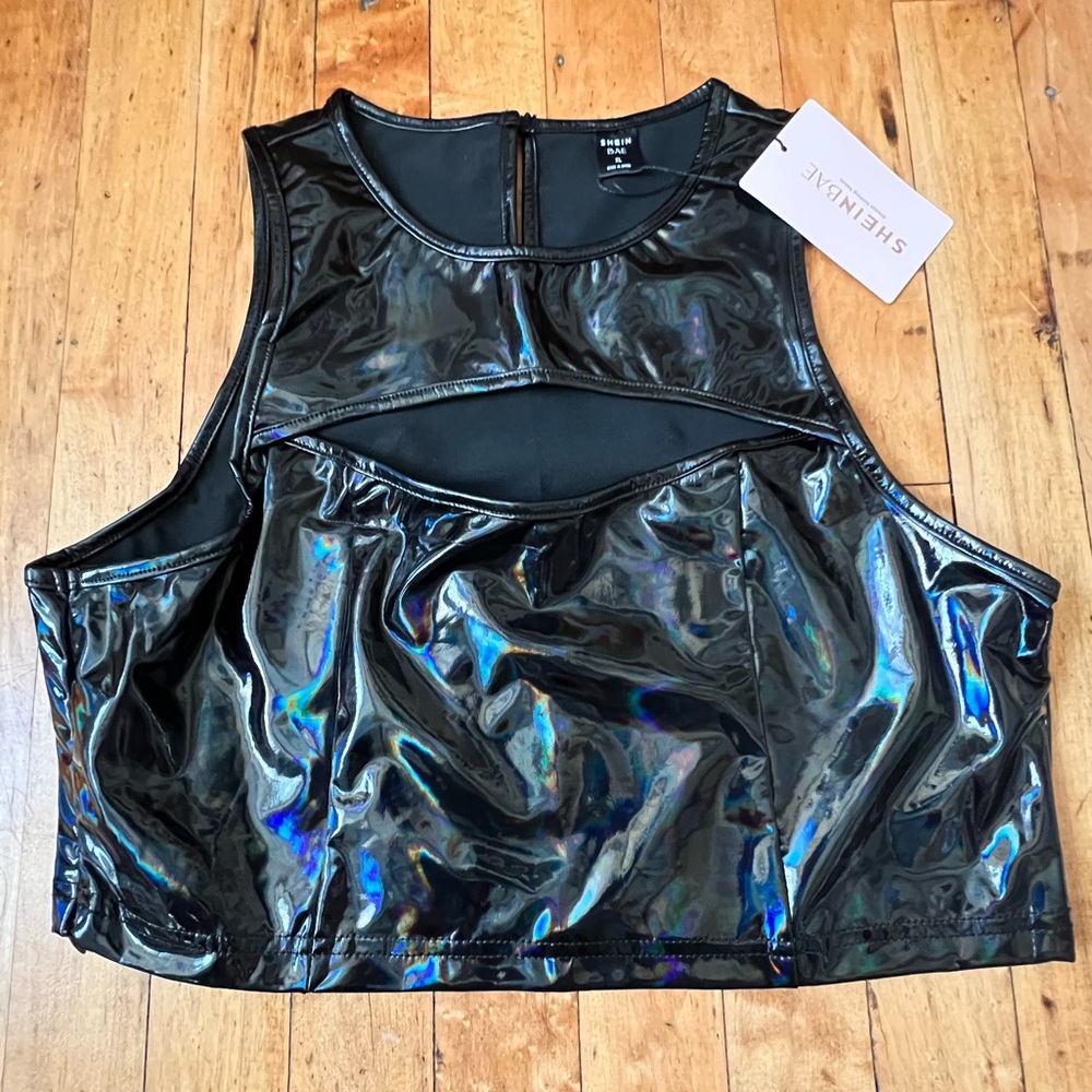 Holographic tank top, open chest cut out, size medium
